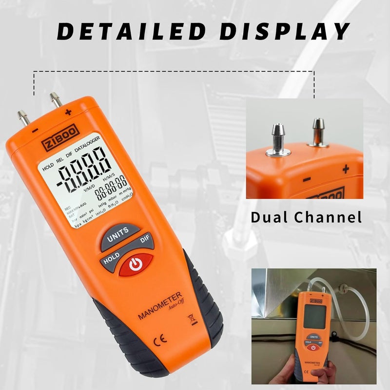 ZIBOO ET1013 Digital Manometer, Air and Gas Pressure Tester, Differential Dual Port Pressure Gauge, Large LCD Display with Backlight,HVAC Gas Pressure Tester - Image 4